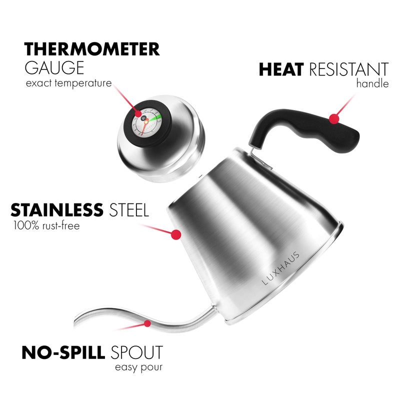 LuxHaus Pour Over Kettle - Gooseneck Kettle With Thermometer - Coffee and Tea Maker for Stovetop - 40oz - Image 2